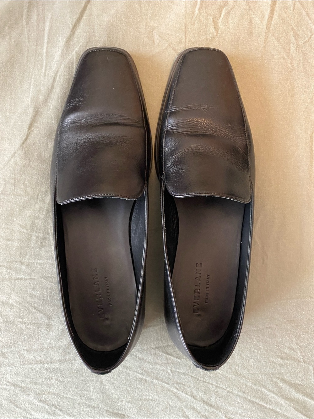 Everlane Black Leather Square-Toe Slip-On Loafers